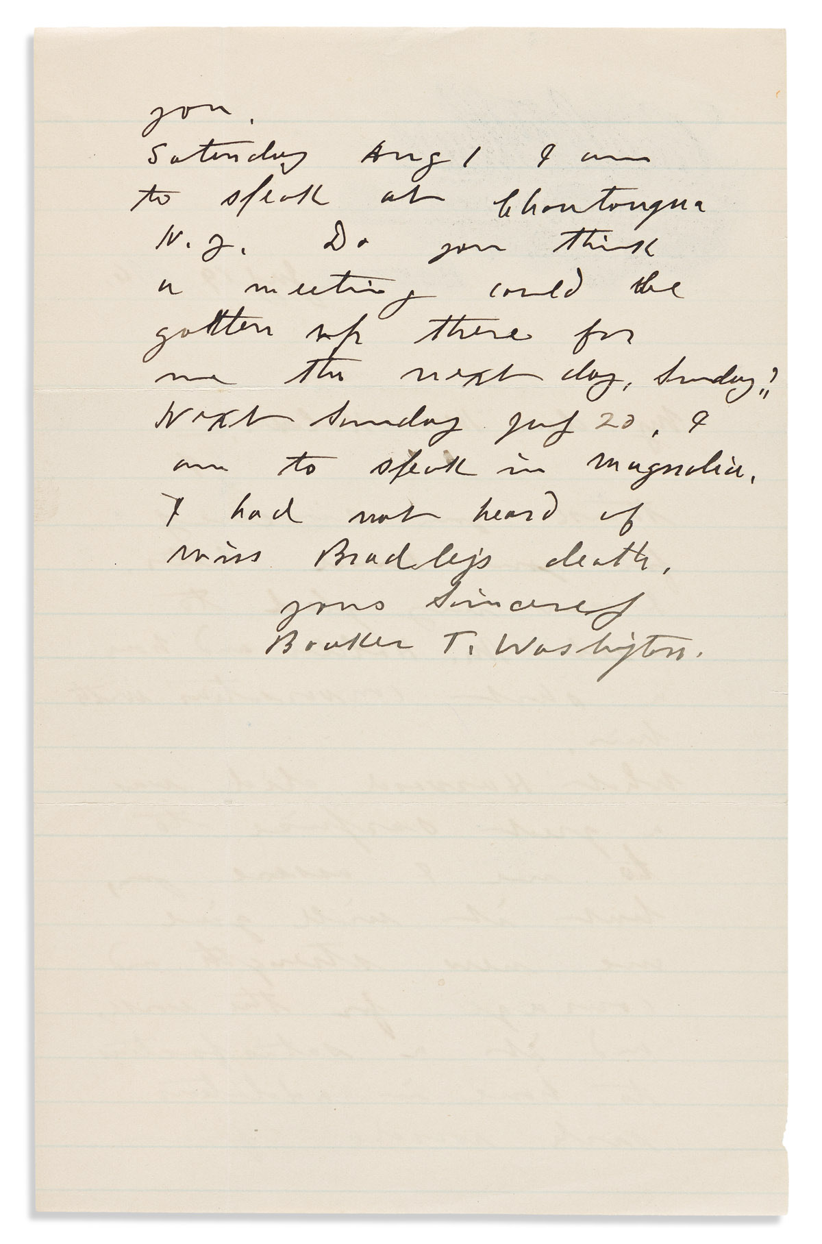 WASHINGTON, BOOKER T. Autograph Letter Signed, to My dear Mrs. Holder,